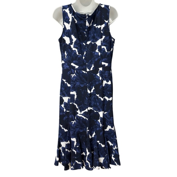 Talbots Navy Floral Fit & Flare Trumpet Hem Wedding Guest Cottagecore Dress 💜 - Picture 7 of 11